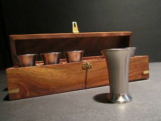 Repro Antique Bar Pewter Wiskey Moonshine Beaker Shot Glass Wood Box 