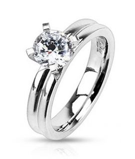 Stainless Steel CZ Cubic Zirconia Solitaire Grooved Dome Ring Band 