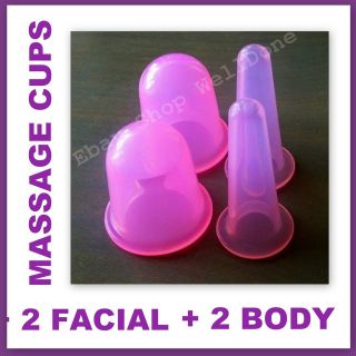 BODY + 2 FACIAL MASSAGE CUPS VACUUM CUPPING SILICONE; SET OF 4 CUPS