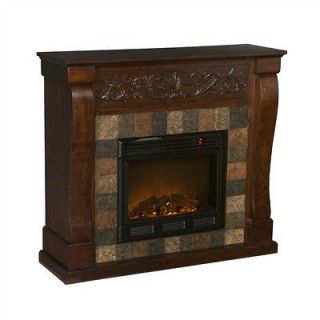   EXPRESSO CARVED FRONT WITH FAUX SLATE TILES ELECTRIC FIREPLACE