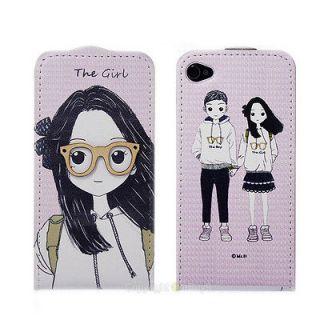 3D Girl Phone sets couple PU Leather flip skin case cover For iphone 4 