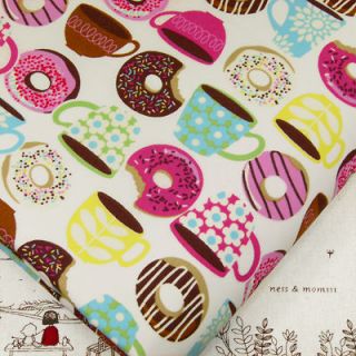 COFFEE TEA FLOWER CUP & DONUT on WHITE 100% COTTON QUILTING FABRIC 