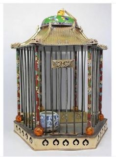CHINESE OLD CLOISONNE HAND PAINTING FLOWER BIRD CAGE 202J