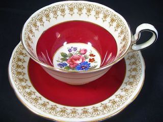 AYNSLEY CRANBERRY RED FLORAL BOUQUET TEA CUP AND SAUCER