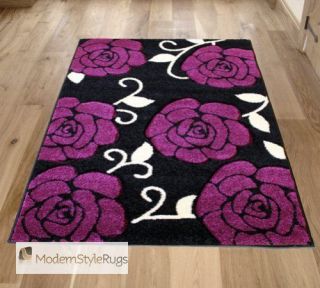 Black Purple White Flower Roses Pattern Rug In Large Small and Runner 