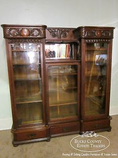 Antique Victorian Walnut Carved 3 door Bookcase