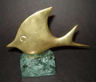 OLD SCULPTURE FIGURINE FISH Bronze GREEN MARBLE BASE