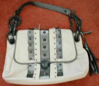 Bebe Womens Handbag Bag Tote Metallic Gray and Creme Fringed Studs 