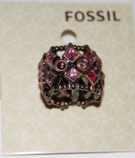 NWT Fossil Black Metal Berry Bling Stretch Band Ring w/Pink Plum 