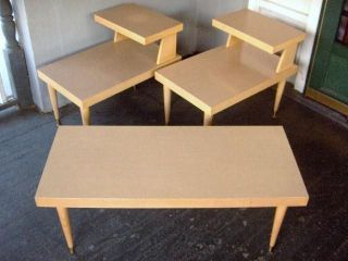   Mid Century Modern 1950s Blonde Wood Formica Coffee Step End Tables