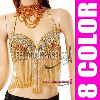 BELLY DANCE COSTUME BRA TOP SEQUINS+BEADED BOLLYWOOD DANCING US SIZE 