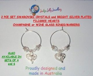   CRYSTAL with FILIGREE HEART CHARMS WINE or CHAMPAGNE GLASS RINGS