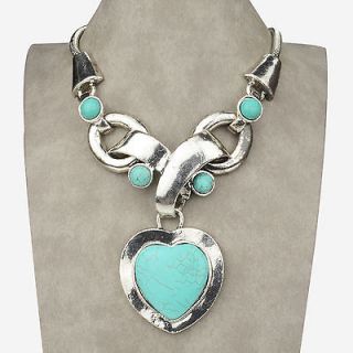 Huge Vintage Tibet Silver Nature Turquoise Love Heart Necklace Pendant 
