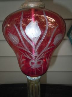   VINTAGE OLD ETCHED CRANBERRY GLASS LAMP MARBLE VICTORIAN NICE QUALITY