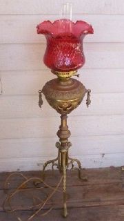 Vintage Cranberry Red Glass Shade Brass Cut Out Banquet Lamp