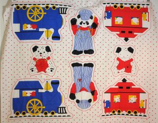 Fabric Panel Vintage Unmarked Train Panda Puppy Stuffed Animal Pillow
