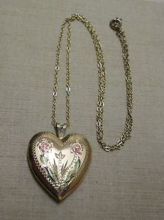   Heart Locket With Chain, Locket Marked 14K Gold Filled, Flowers