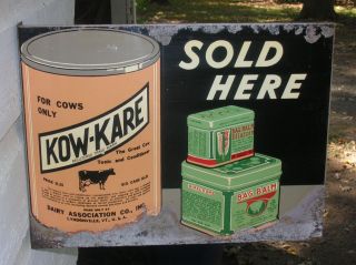 KOW KARE BAG BALM DAIRY SIGN DOUBLE SIDED FLANGE 1930S COUNTRY STORE 