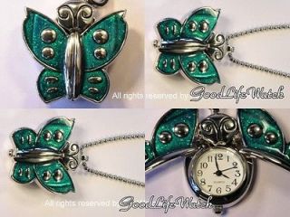 Beautiful Butterfly Green Wing Pendant Lady Watch Necklace Free Gift 