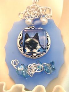   CAT Pendant Necklace Blue Fused Glass Tile Artist Wire Wrap Glass Art