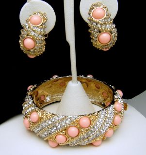   DONALD STANNARD Bracelet Earring Set Pink Cabs Pave Set Rhinestones
