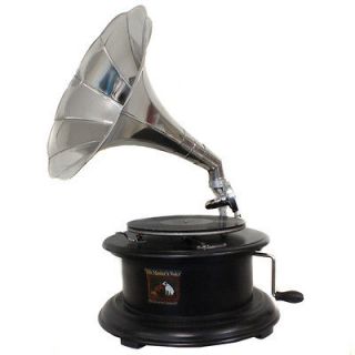 Antique Replica Round Wood Base Gramophone Phonograph with Silver 