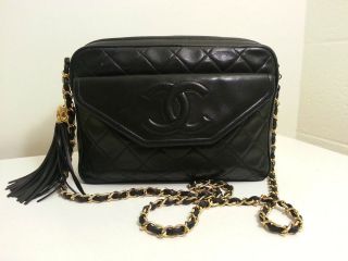 Authentic Chanel Black Lambskin Leather Tassel Chain Bag