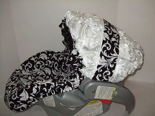   SCROLL PRINT/ROSETTE CANOPY/RUFFLED INFANT CAR SEAT COVER/Graco 35 fit