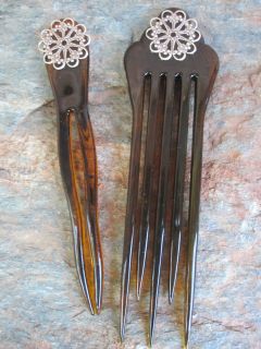 HEARTS (1) PAIR CHIGNON PINS FAUX TORTOISE SHELL 5 5/8 & 5 Made in 