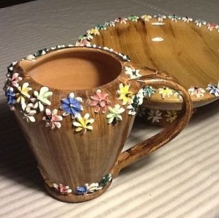 Antique NSP Italian Art Pottery Bowl And Pitcher ~ Glazed Wood Tone 