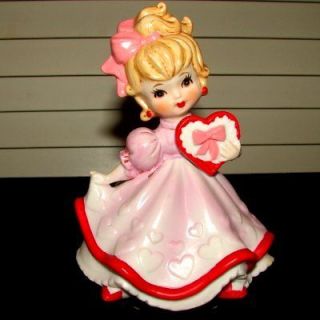   Lefton Valentine Girl with Pink Dress and Heart Music Box Figurint