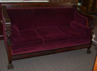 ANTIQUE HORNER STYLE RED VELVET MAHOGANY WINGED GRIFFIN CLAW FOOT SOFA 