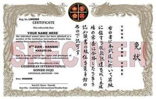 Martial Arts Black Belt Certificate Karate, Jujitsu, Kenjutsu