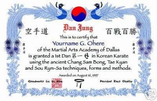 Korean Martial Arts Black Belt Certificate Peacock Blue