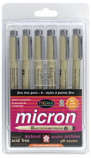 Sakura Pigma Micron Fine Line Pen Set   Size 005 (.20mm)   6 Colors 