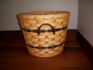 Amish Handmade Reed Round Laundry Basket with Leather Handles