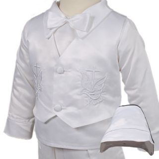 D259 Baby Boy 4pc White Christening Baptism Vest Suit & Bonnet 0 