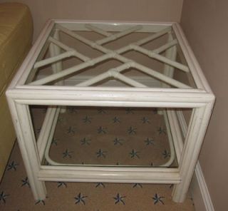 White Rattan Bamboo Wicker Side Table with 2 Glass Shelves