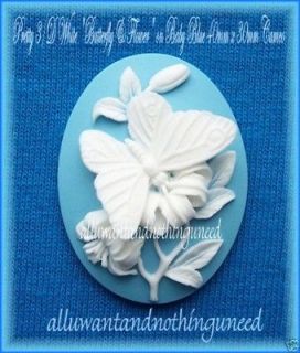   BUTTERFLY & FLOWER on BABY BLUE 40mm x 30mm Costume Jewelry CAMEOS