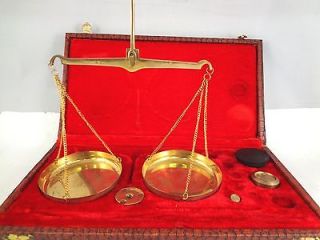 VINTAGE Brass Balance Beam Scale with Some Weights w/ Case 