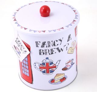 New UNION JACK Fancy A Brew? BISCUIT BARREL TIN Iconic Britain BY 