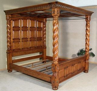 Solid Oak Barley Twist King Size Canopy Poster Bed 33014