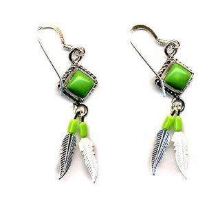   Beaded Sterling Silver Feather Dangle Earrings Native American