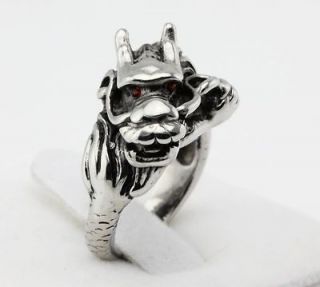   solid stainless steel chinese dragon red stone eye big size ring 10