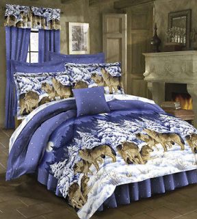 Rustic Lodge WILD WOLF WOLVES Cabin Queen Size Bed 4pc Comforter Shams 
