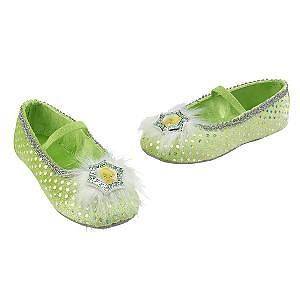 Girls 2 3 Tinker Bell Green Costume Shoes Slippers with fur Sparkly 
