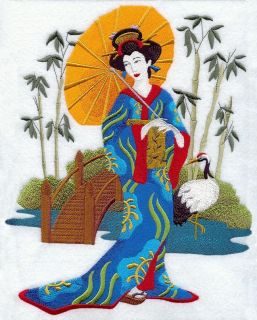 Geisha in Japanese Garden EMBROIDERED SET 2 BATHROOM HAND TOWELS