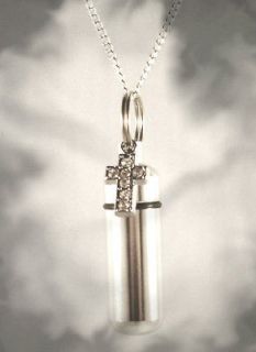 Beautiful Silver/Bejewel​ed CROSS 18 CREMATION URN NECKLACE w/Pouch 
