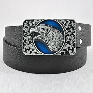   Blue Single Screaming Eagle Head Men Buckle Genuine Leather Belt