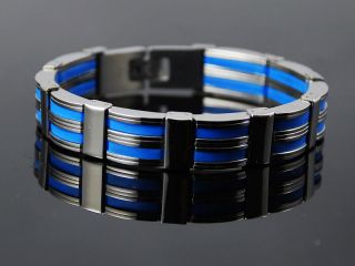 b167 Blue Rubber Inlay Mens Stainless Steel Bracelet